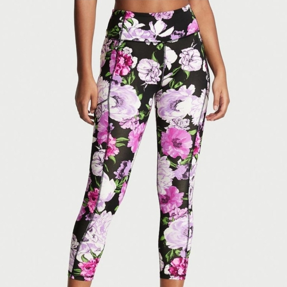 Victoria's Secret Leggings Essential Pocket Purple Floral Athletic Workout Sz 8